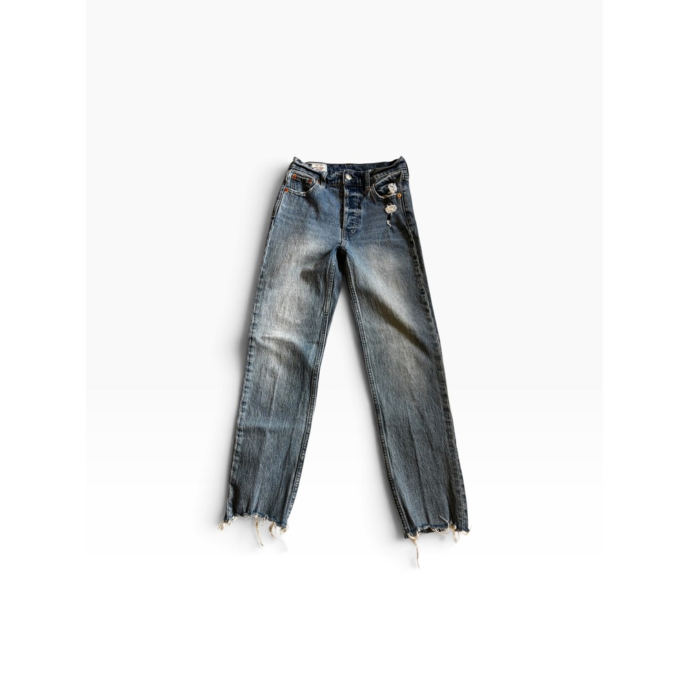 GAP Cheeky Straight High Rise Jeans 25 Blue Distressed Raw Hem Denim